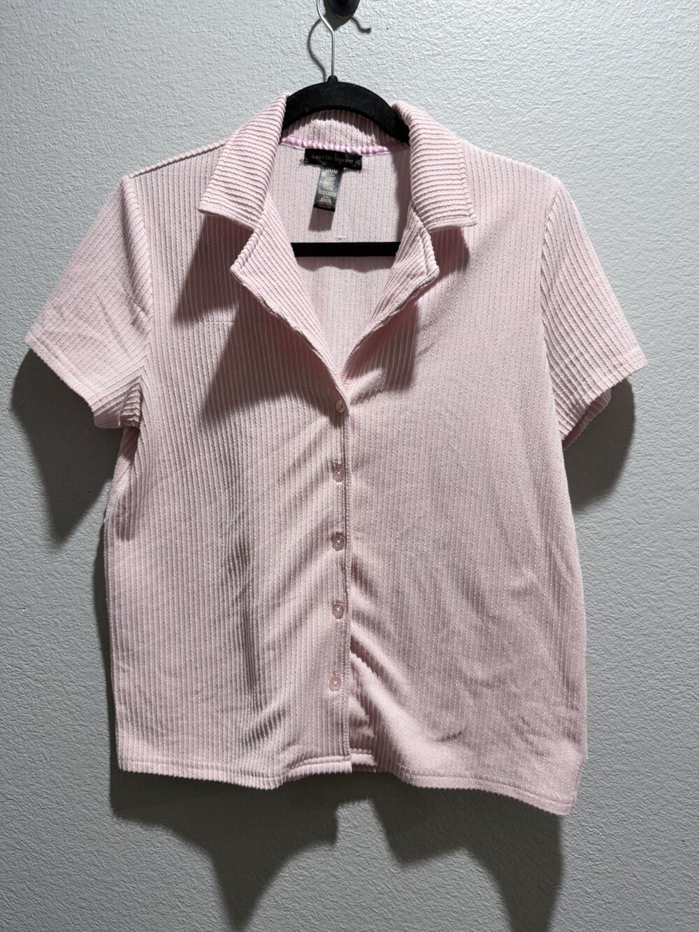 Nanette Lepore Button Up Shirt Coquette Vertical Ribbed, Baby Pink Preppy Medium